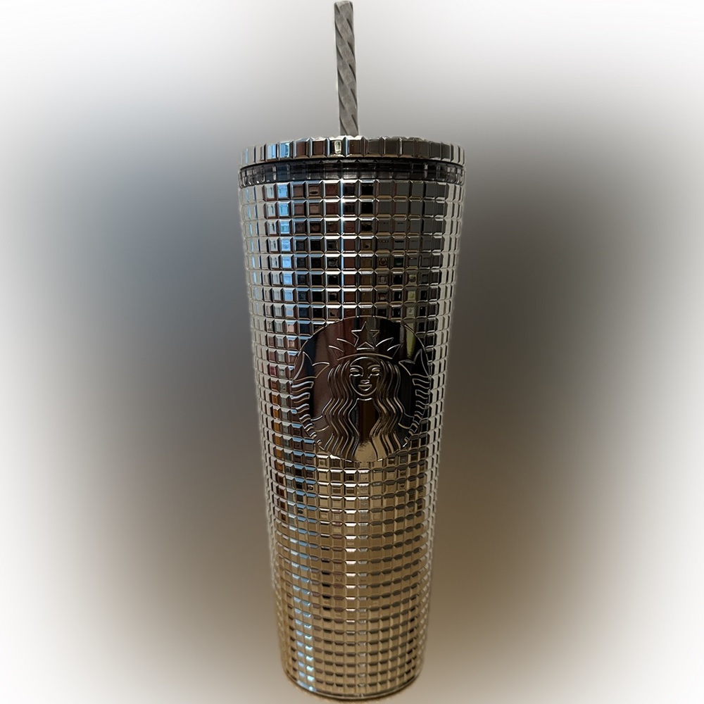 Starbucks- Metallic Silver Chrome Grid Tumbler